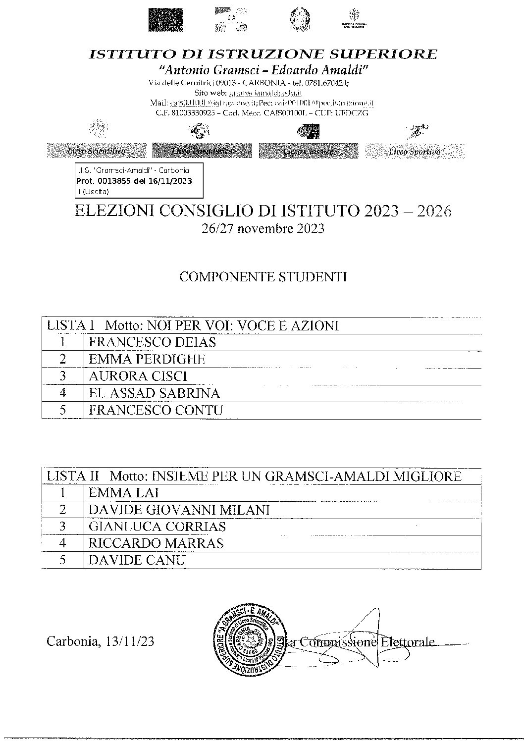 ELEZIONI CONSIGLIO DI ISTITUTO - LISTE COMP. STUDENTI